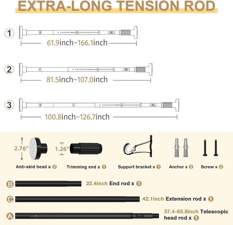 ZipGlo Black Tension Curtain Rod 41-126 In(4-10Ft), Long Curtain Rod No Drilling for Window or Bathroom,Outdoor Tension Rods for Patio, Heavy Duty Shower Rod,Rod Diameter 1.26In-One-bond stretching - Image 2